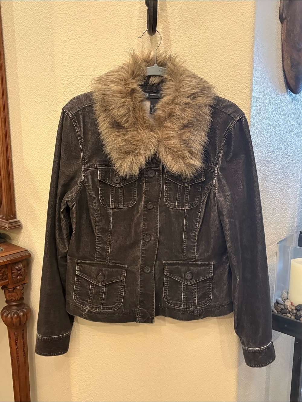 Vtg INC International Concept Faux Fur Collar Brown Corduroy Y2K Jacket-Large